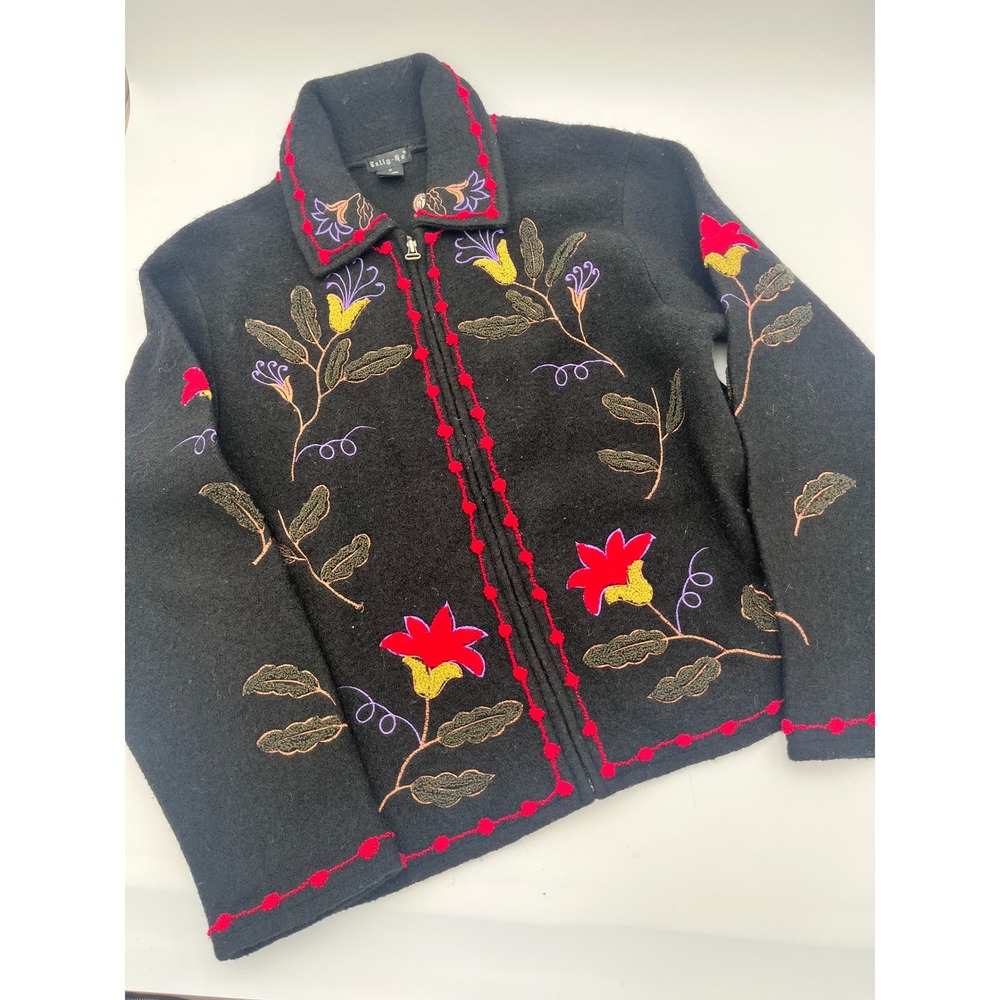 Vintage Tally-Ho‎ Black 100% Boiled Wool Floral Embroidered Zip Up Jacket Medium